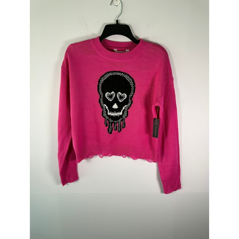 NOBO Sweater Womens M Skull Graphic Distressed Cropped Long Sleeve Eyes Pink